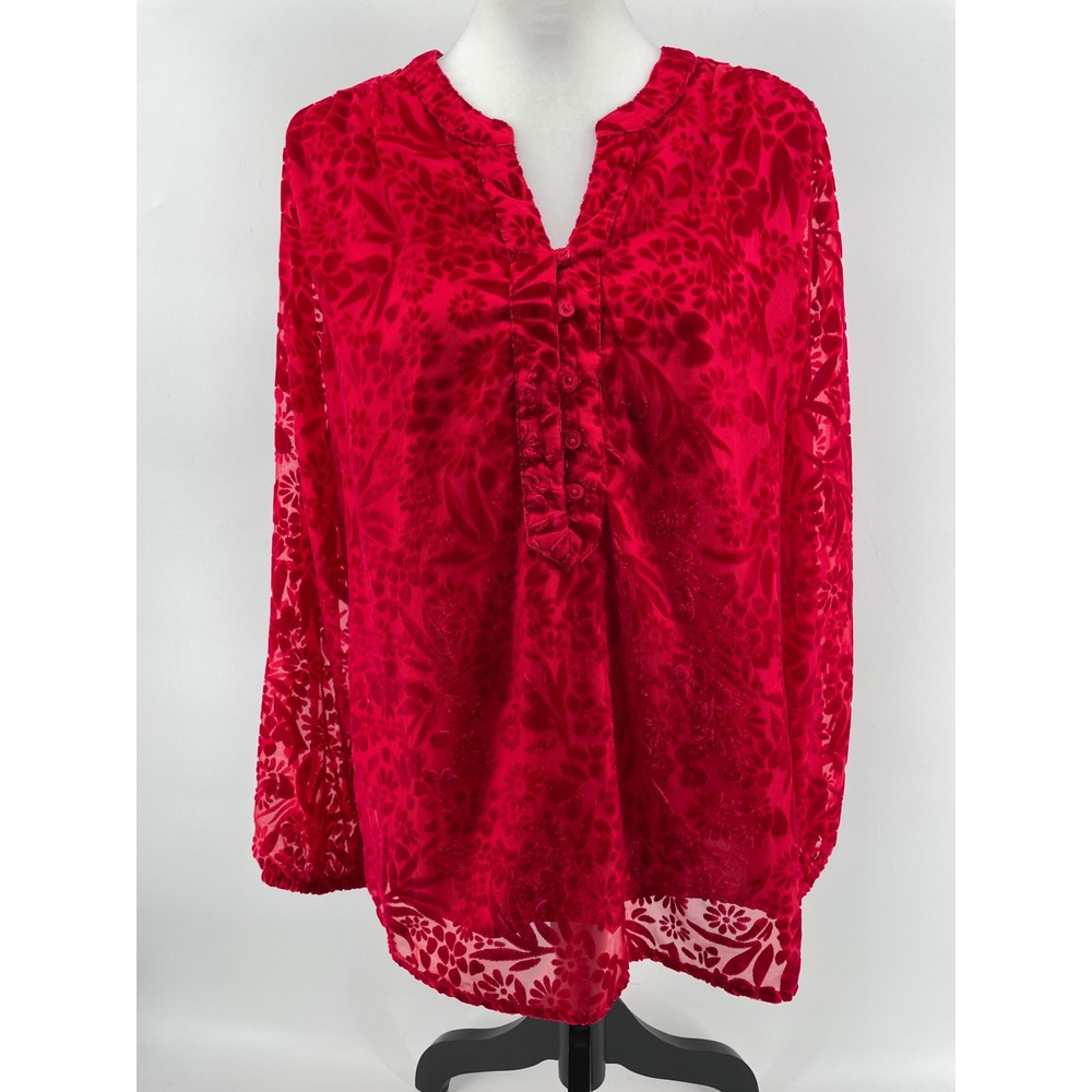 Velvet Burnout Top Women Medium Red Floral Romantic Holiday Blouse Whimsigoth